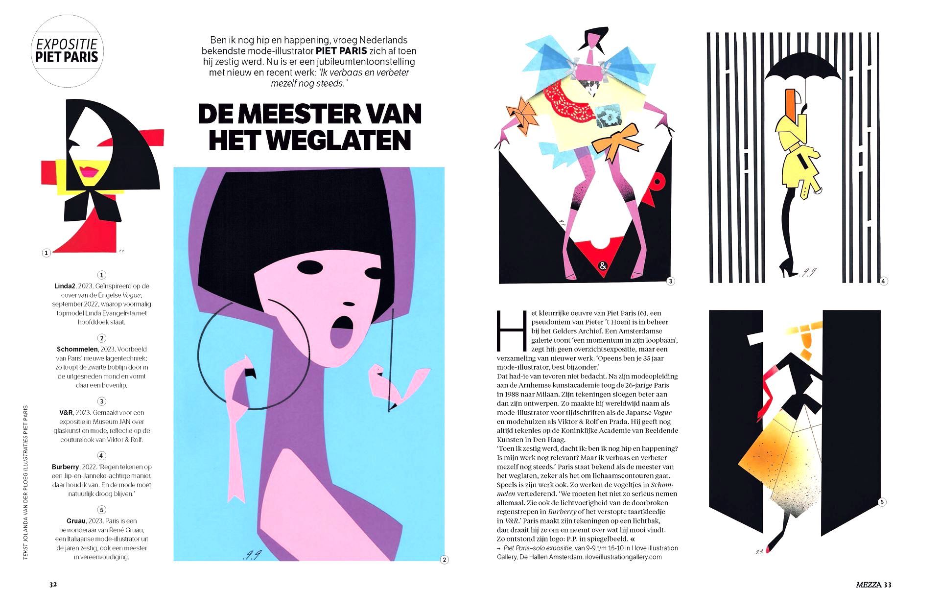 Magazine spread with stylized illustrations: Piet Paris fashion, and text in Dutch.