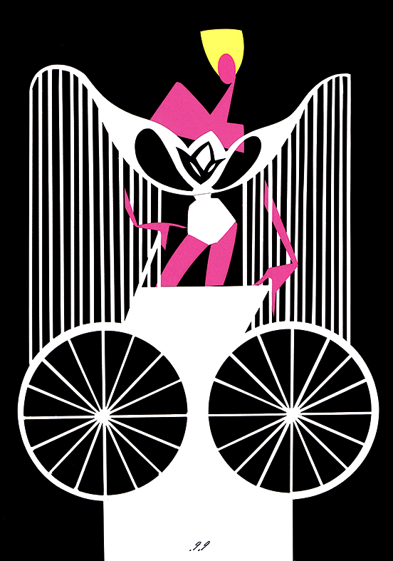 Pink geometric figure in a white chariot, holding a yellow object, against a black and white background.