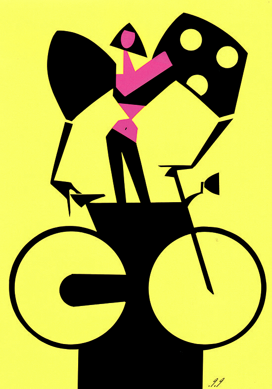 Cyclist in black and pink on yellow background, holding a film reel, cubist style.