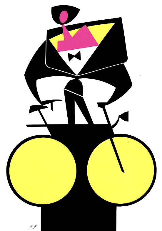 Man in tuxedo riding a bicycle; yellow wheels and pink tie.