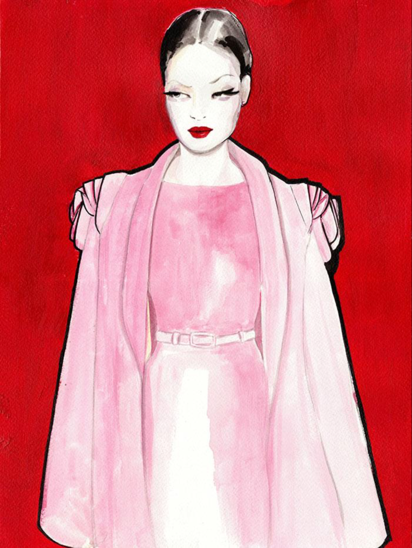 Illustration of a woman in a pink dress and coat against a red background.