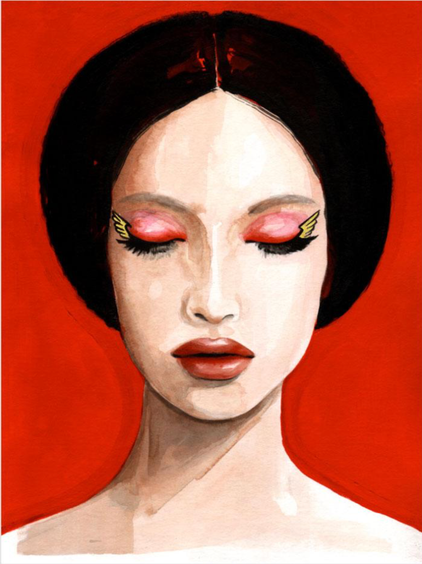 Woman with closed eyes, pink eyeshadow, and red lips, against a red backdrop.