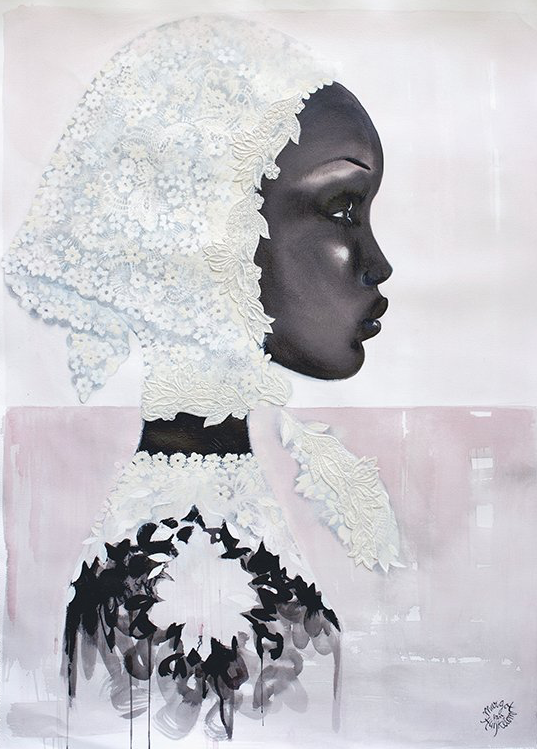 Woman in profile, wearing white lace headdress and dark gown. Watercolor painting.