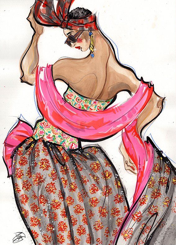 Fashion illustration of a woman in floral top and skirt, pink scarf, headscarf, and sunglasses.