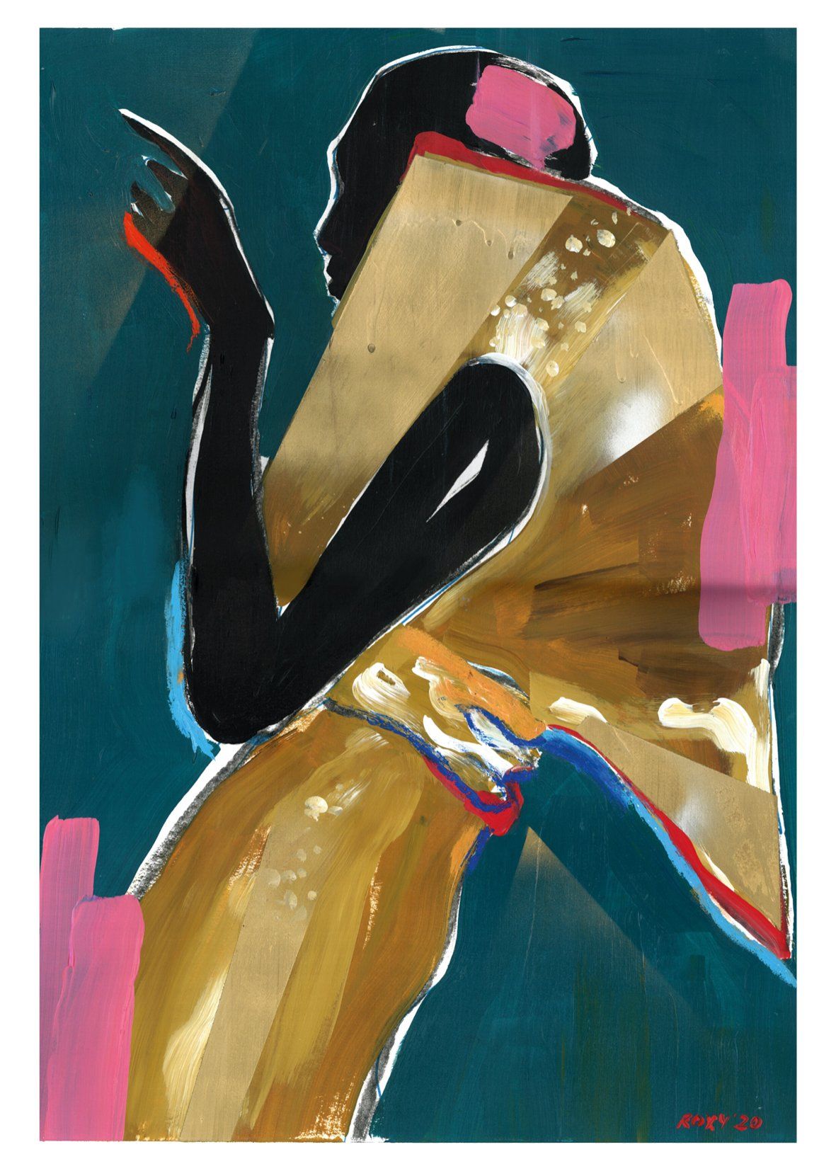 Silhouette of a figure in a golden shawl, black arm raised, against a teal background with pink and white accents.
