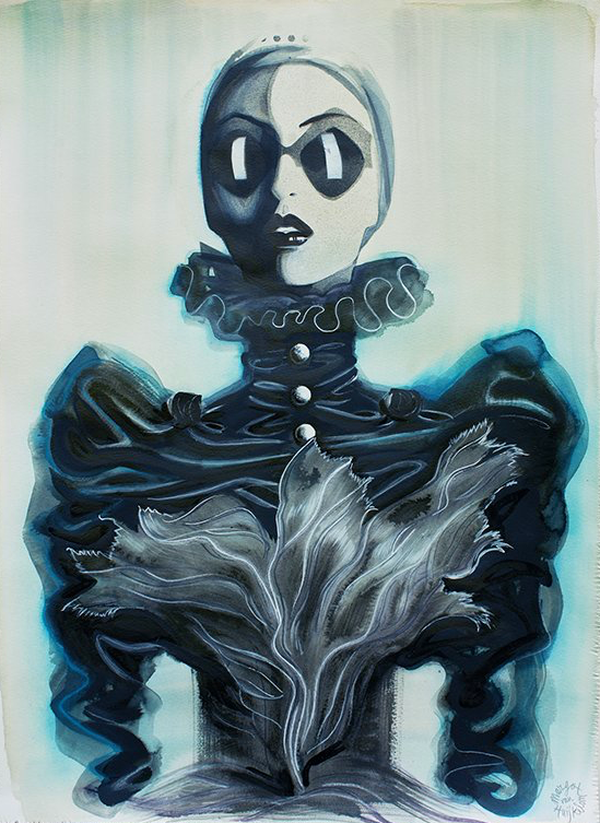 Portrait of a figure in a black dress with frilled collar, holding a large, stylized feather. Face is pale and shadowed.