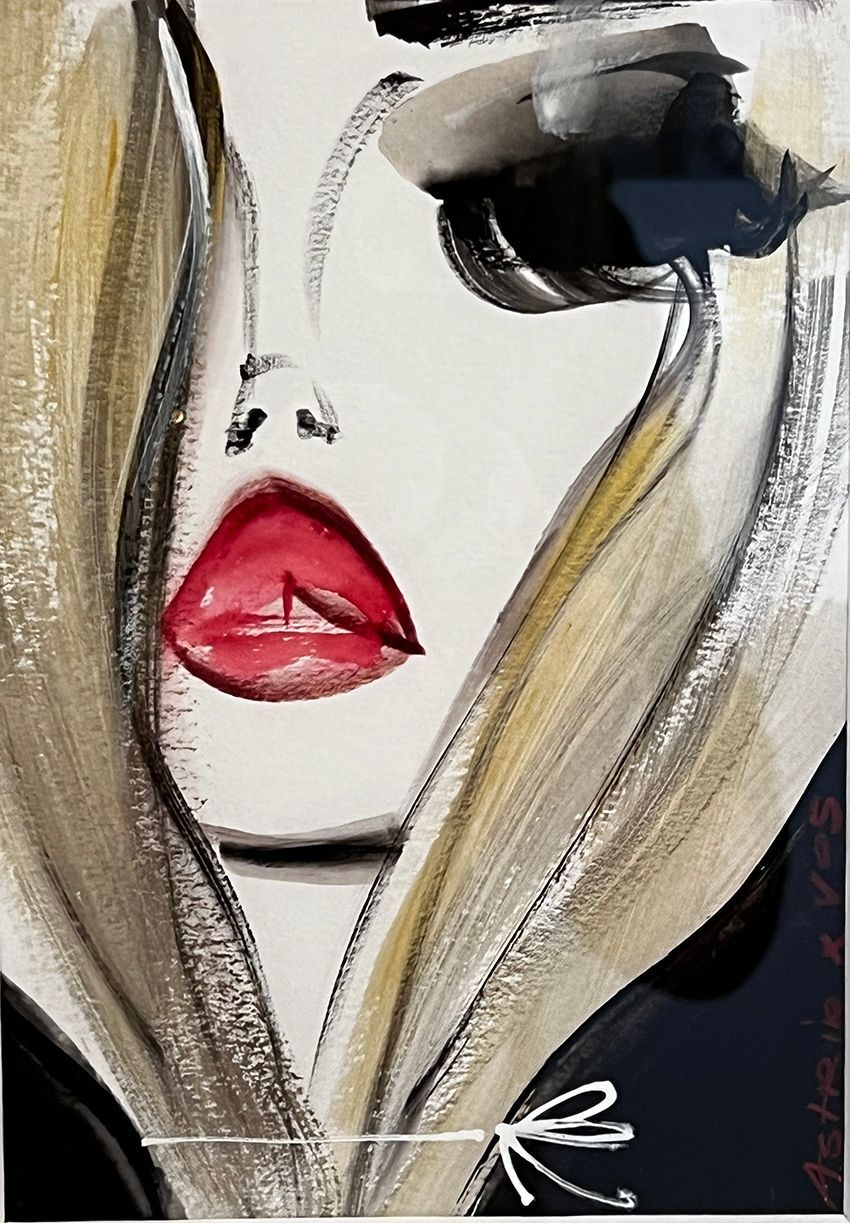 Close-up watercolor of a face with bright red lips and blonde hair, partially obscured by black.