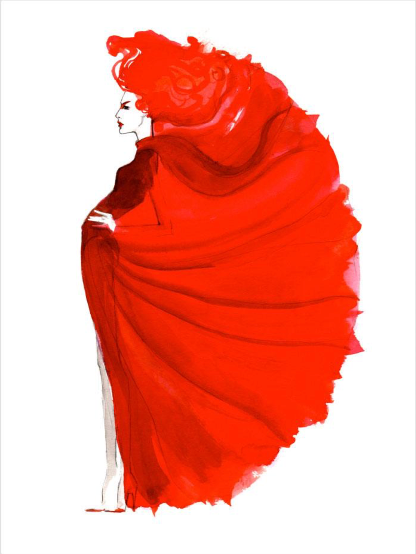 Woman in red dress, side view; voluminous fabric, dramatic pose.