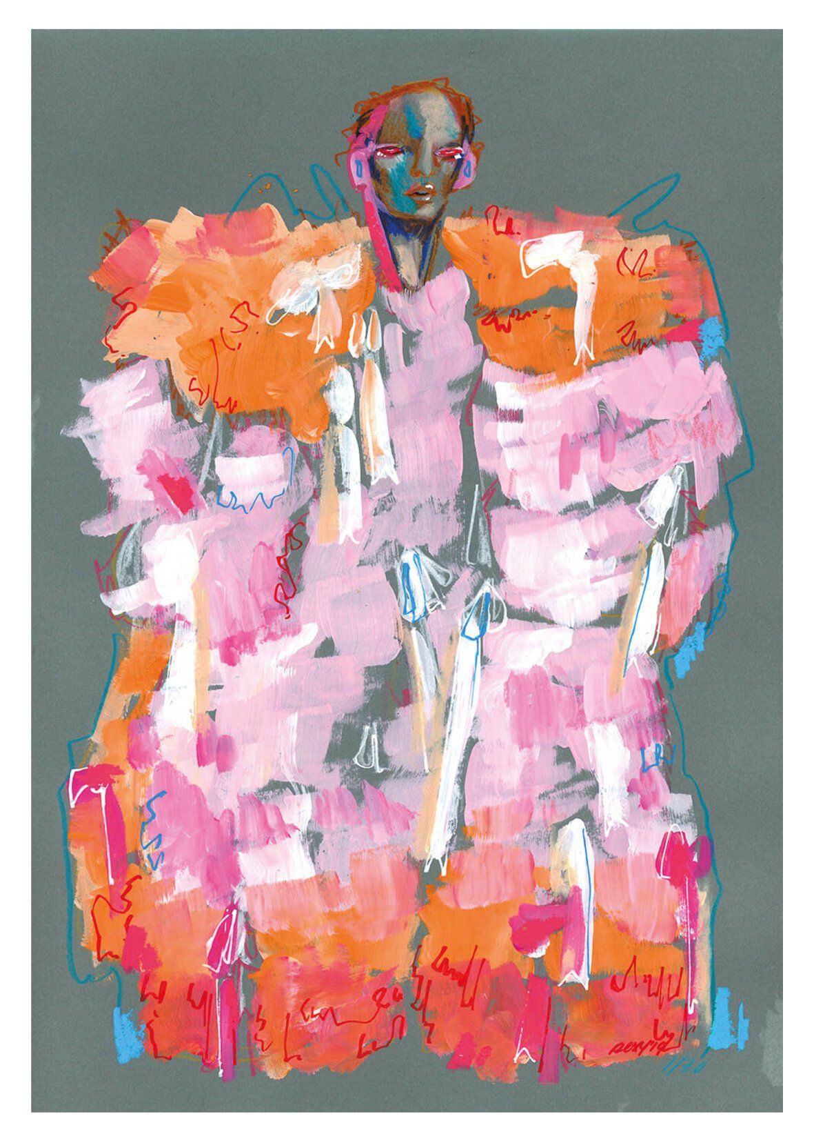 Abstract figure wearing a pink and orange garment, against a gray background.