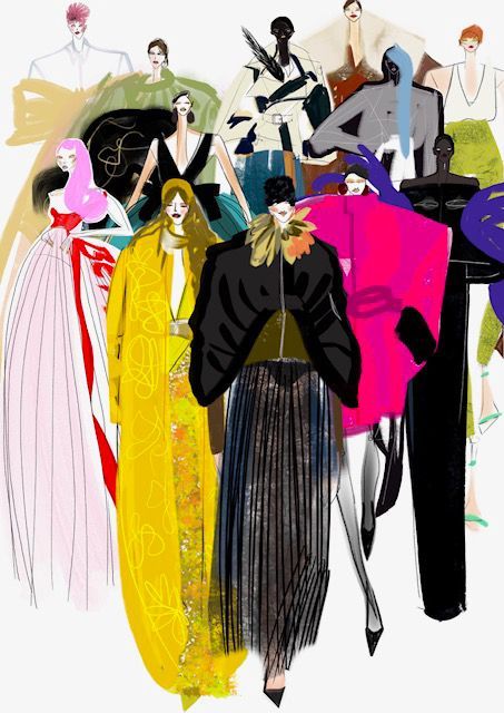 Fashion illustration of various figures in stylish, colorful outfits.