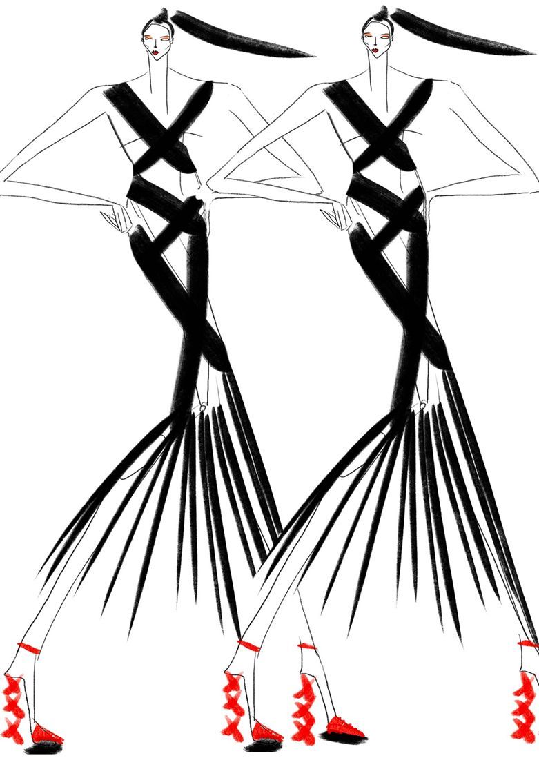 Two fashion sketches: women in black crisscross dresses, red heels, long hair, white background.