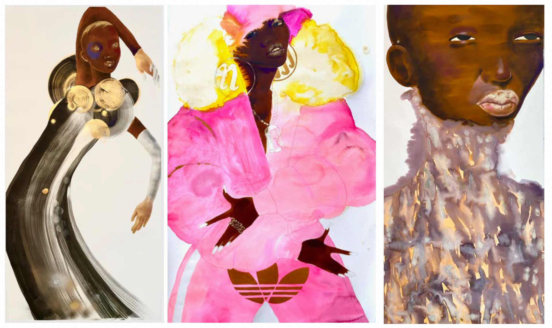 Triptych of abstract fashion portraits; black figures, bold colors, stylized clothing.