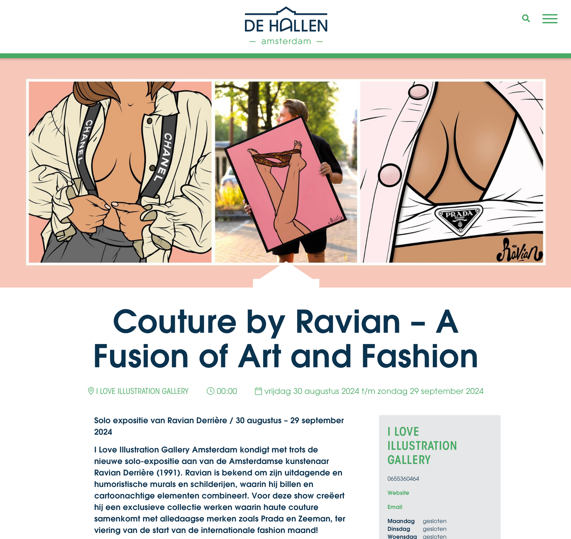 De Hallen website featuring fashion illustrations.Ravian Derrière ILI Gallery 