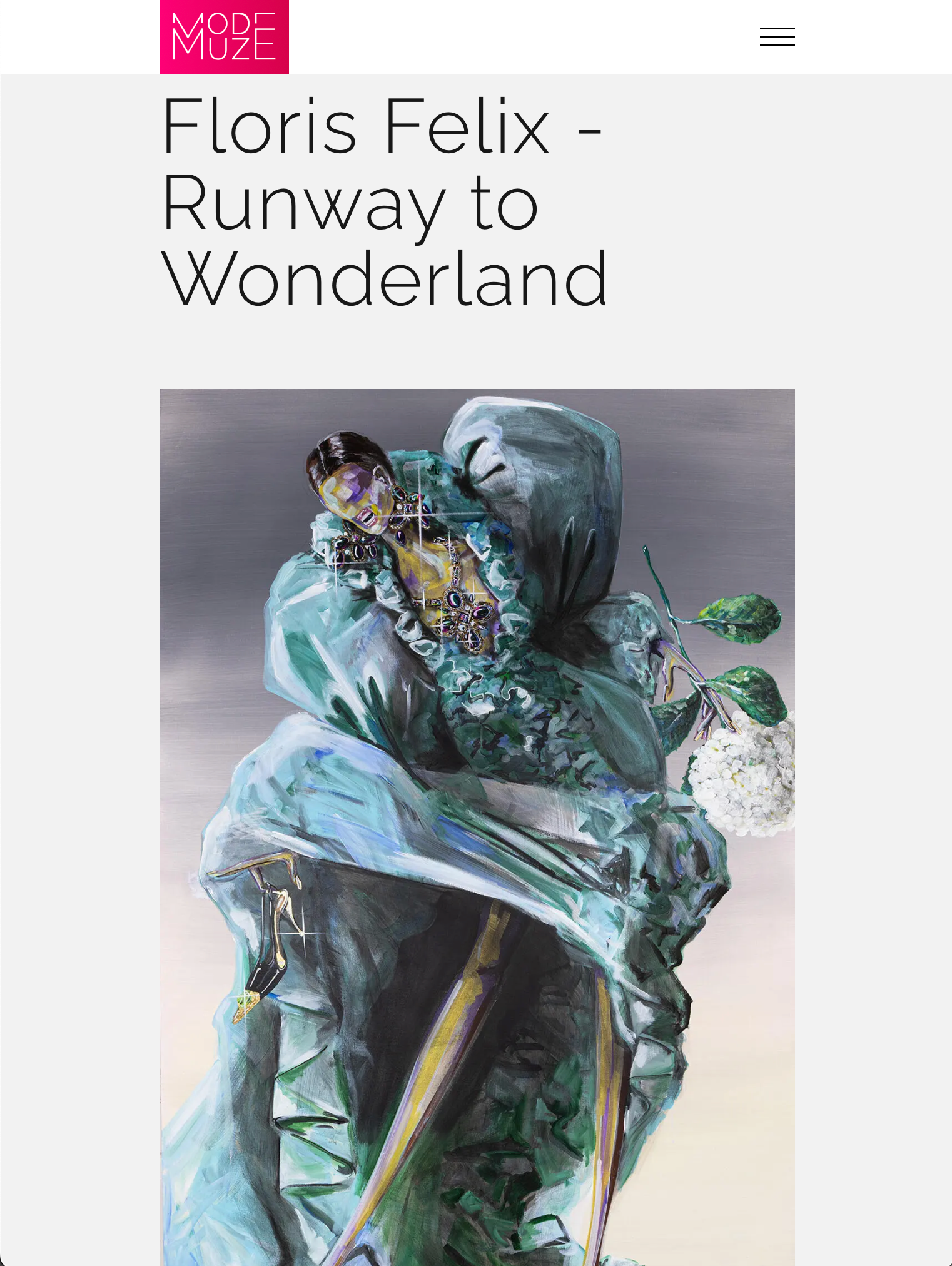 Floris Felix - Runway to Wonderland: Artwork with a figure draped in blue fabric, floral details.