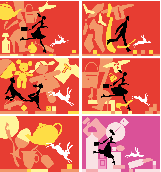 Six panels of silhouetted figures chasing white rabbits among shopping-related shapes on red and pink backgrounds.