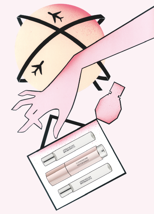 Arm reaching for makeup kit, airplane globe backdrop. Light pink and white.