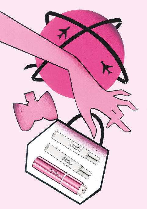 Pink hand reaching for a purse with perfume bottles, a pink orb with black lines, and bow.