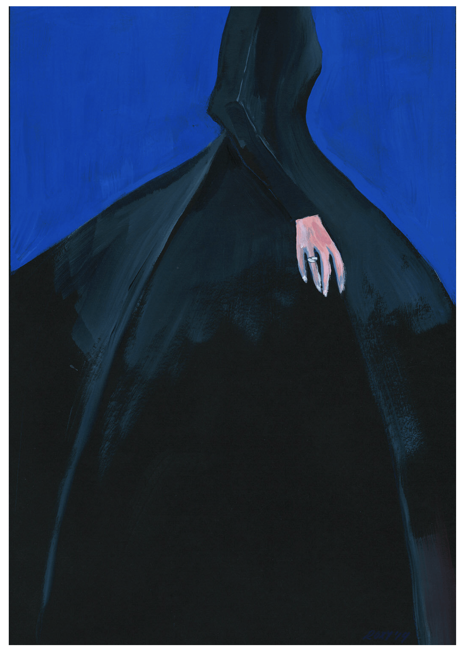 Black-robed figure with a hood against a blue backdrop; a hand with a ring rests on the robe.