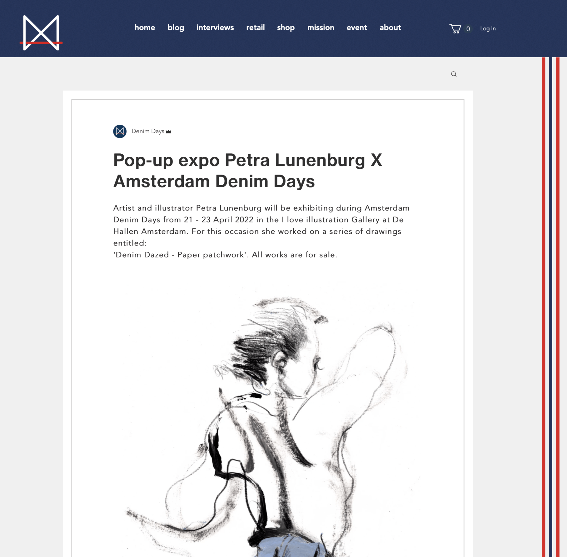 Pop-up expo announcement: Petra Lunenburg X Amsterdam Denim Days. Sketch of figure with denim.