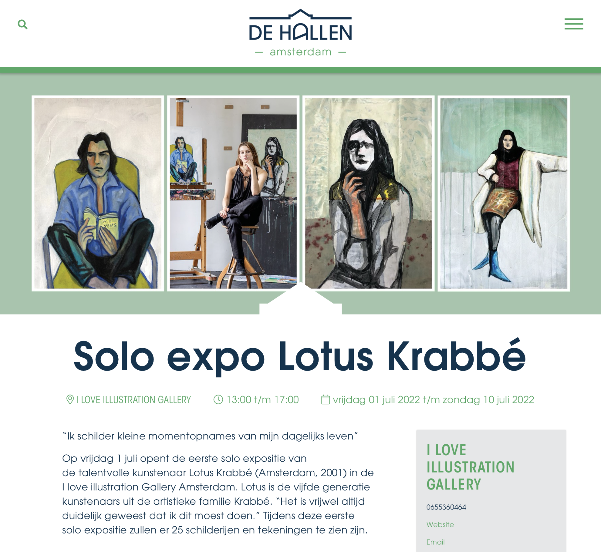Website promoting solo exhibition by Lotus Krabbé. Four art panels with people.