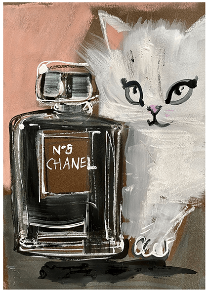 Chanel No. 5 perfume bottle next to a white fluffy cat with painted features.