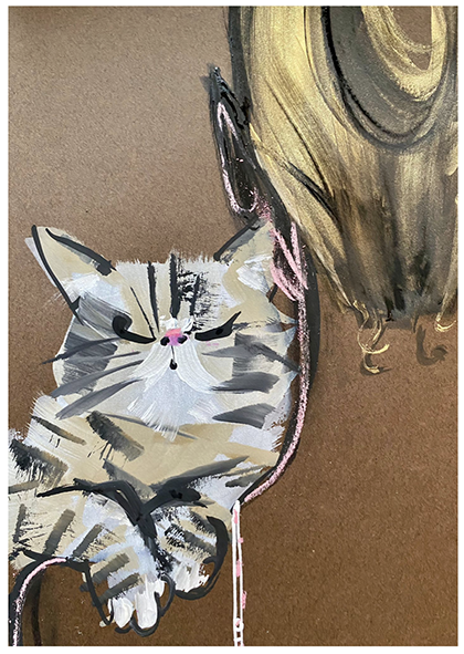 Cat with closed eyes snuggled against a person’s golden, painted hair on a brown background.