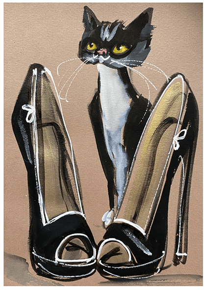 Black cat standing between two black high heels; tan background.