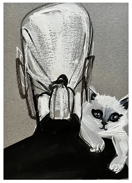 A person in black turtleneck with a white cat looking over their shoulder. Gray and white drawing.