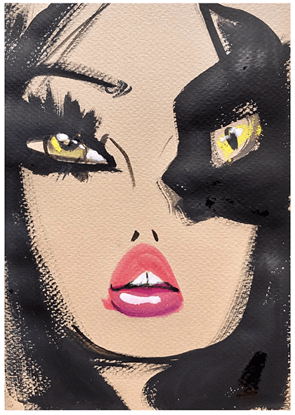 Woman's face with a black cat silhouette covering half. Both have yellow eyes, woman's lips are red.