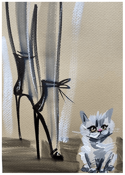 Black and white watercolor painting of high-heeled legs and a gray cat sitting, facing the legs, against a tan background.