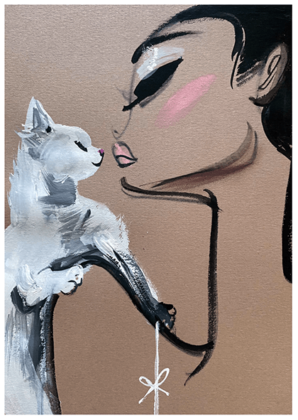 Woman holding and about to kiss a white fox. On a tan background.