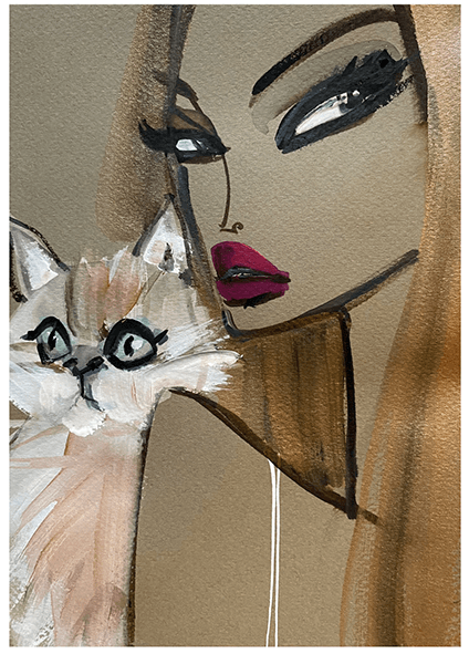 Woman with bold makeup gently touches a fluffy cat's face, both against a muted brown background.