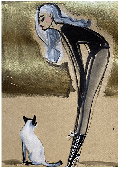 Woman in black outfit and boots leans toward a Siamese cat. Gold background.