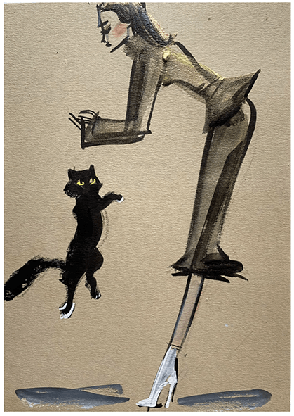 Woman in heels looking at a black cat standing on its hind legs; beige background.