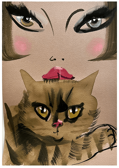 Woman's eyes look down at tabby cat, which has a comb on its head. Beige background.