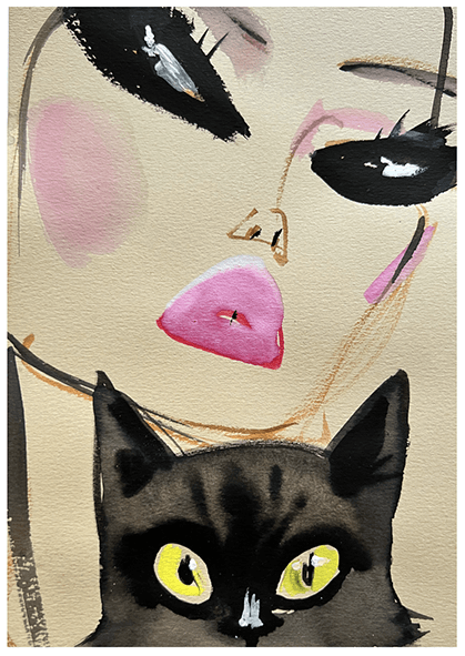 Woman's abstract face with a black cat looking up. Pink cheeks and lips. Gold background.