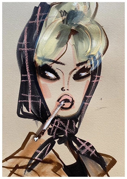 Woman wearing a plaid headscarf, smoking a cigarette; watercolor painting with neutral tones.