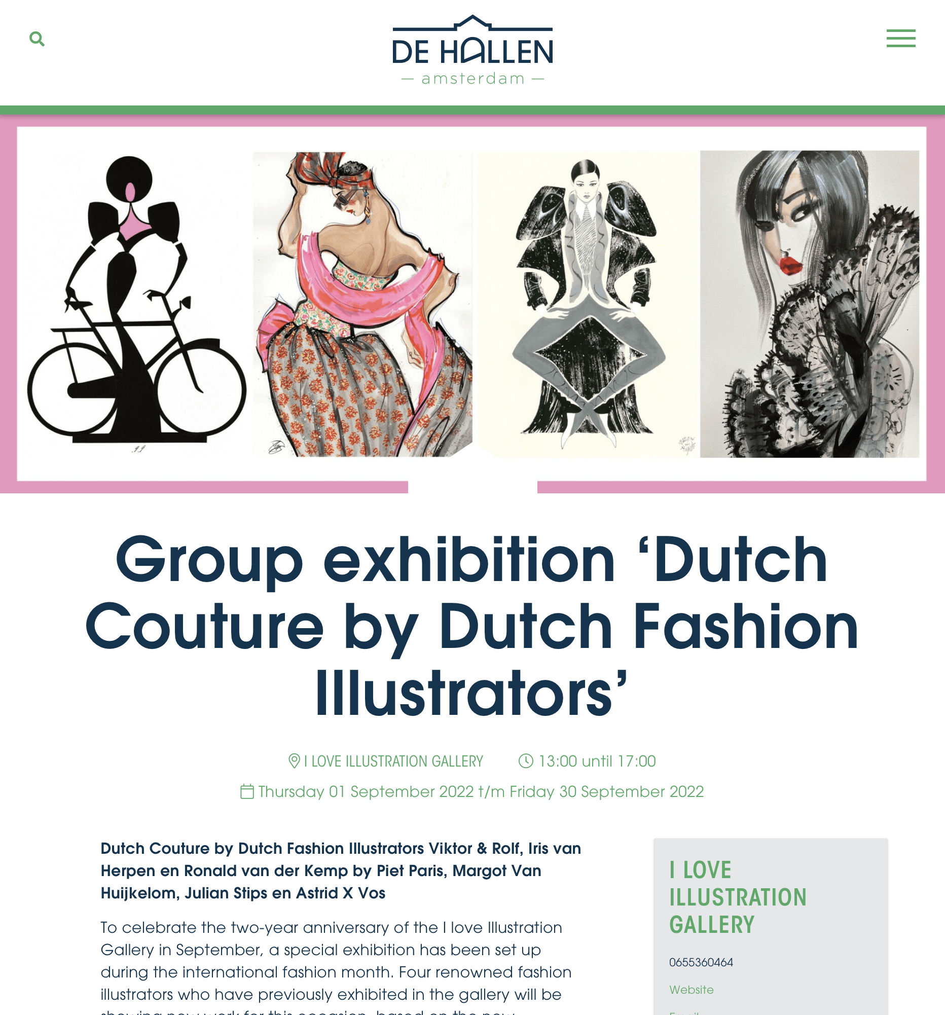 Group exhibition announcement: Dutch Couture by Dutch Fashion Illustrators. Features fashion illustrations.