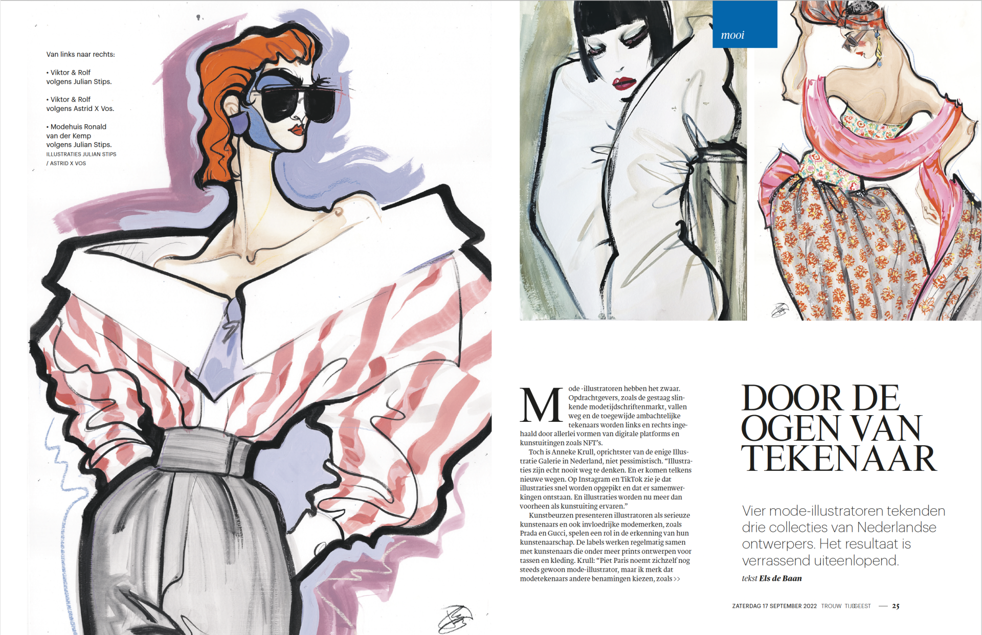 Fashion illustrations: red-haired woman with sunglasses in striped top, others in white and patterned dresses; text 