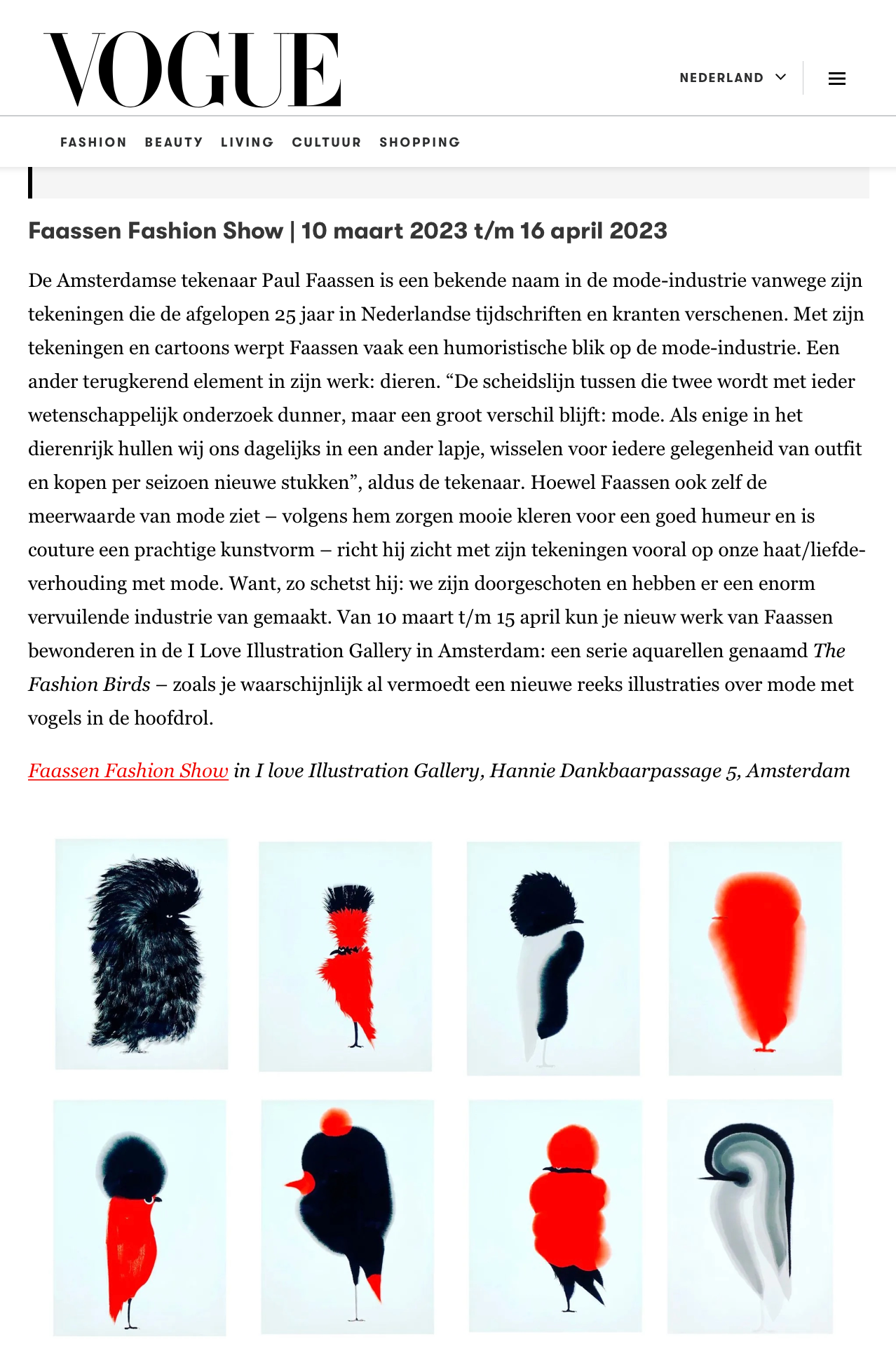 Vogue article with abstract art of colorful bird-like figures on white background.
