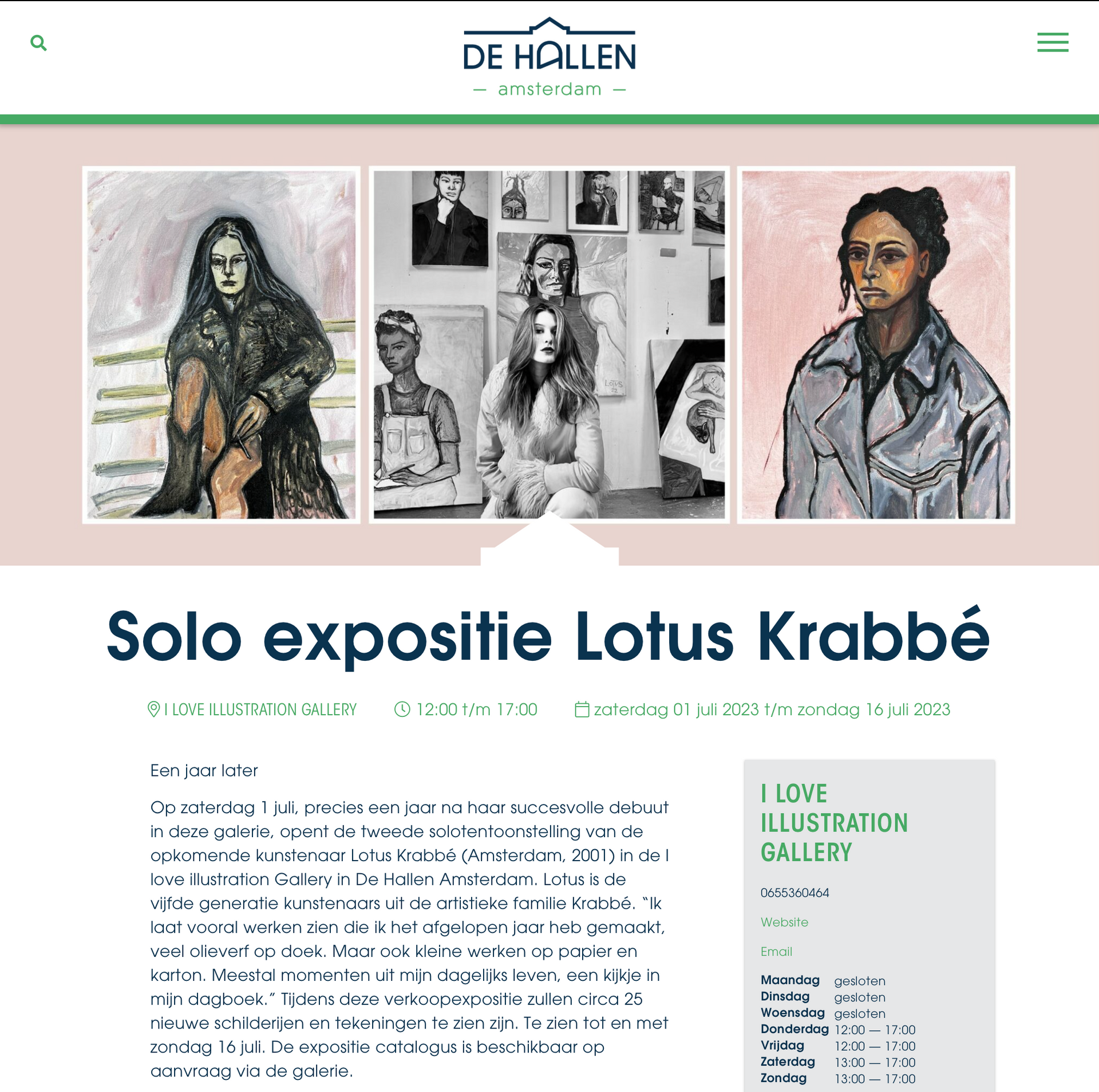 Website promoting Lotus Krabbé's solo exhibition with artwork images and event details.