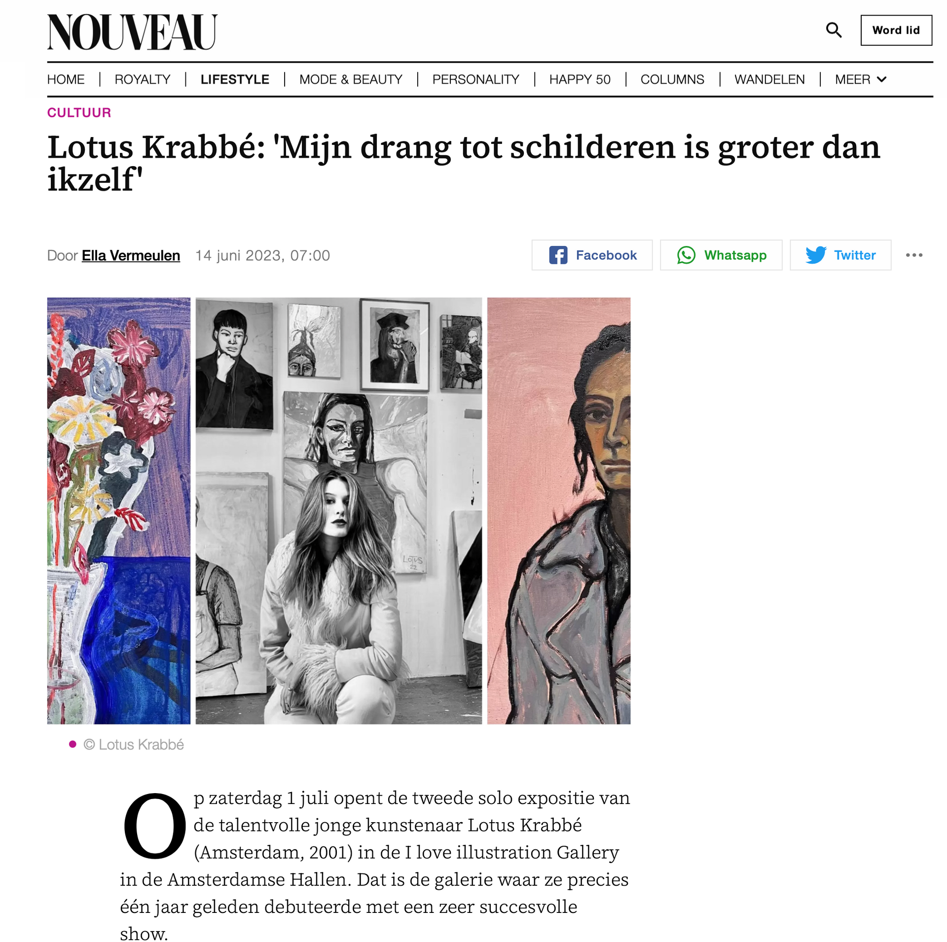 Article headline: Lotus Krabbé in her studio with her artwork.
