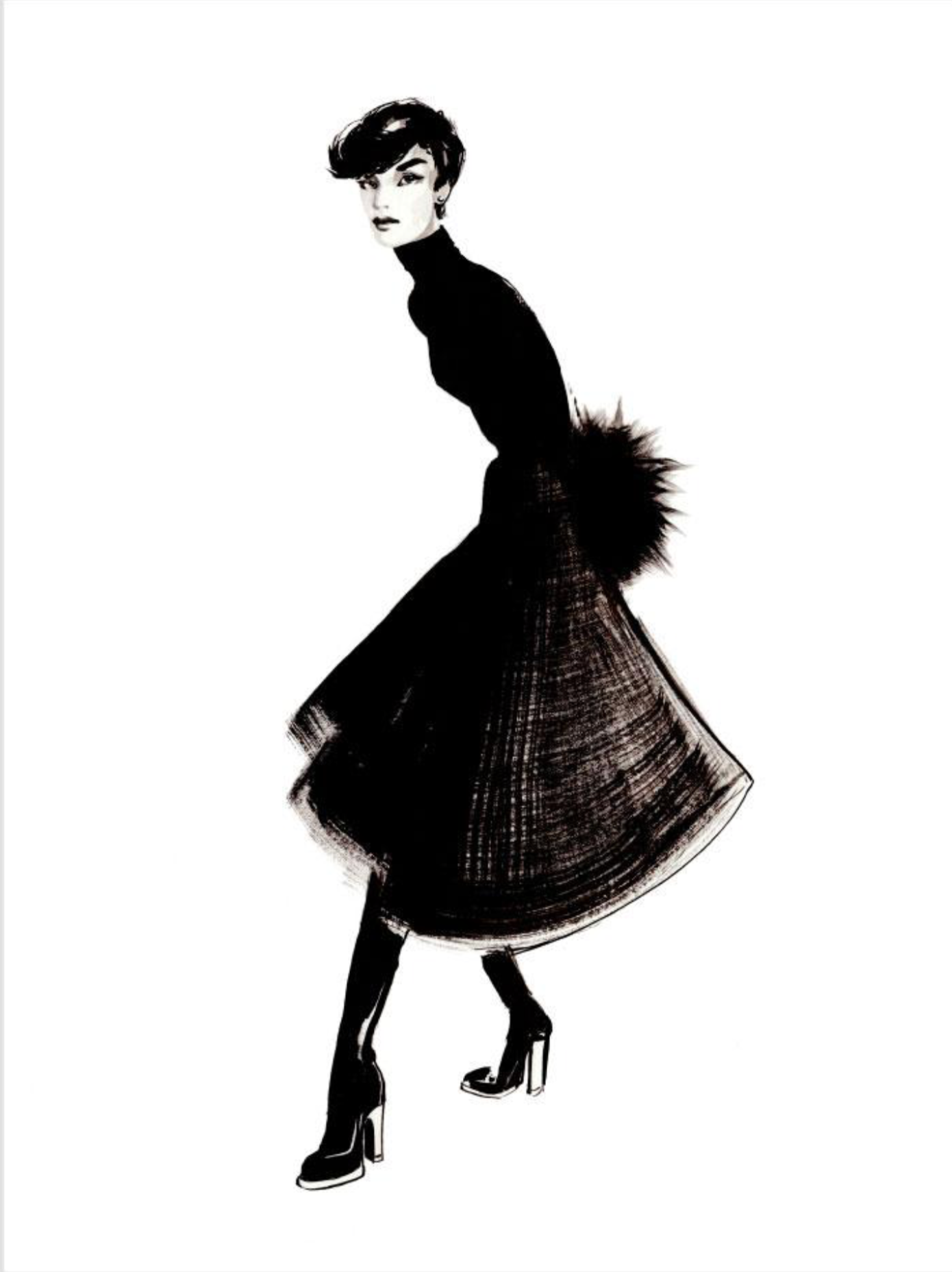 Fashion illustration of a woman in black turtleneck, skirt, and boots.