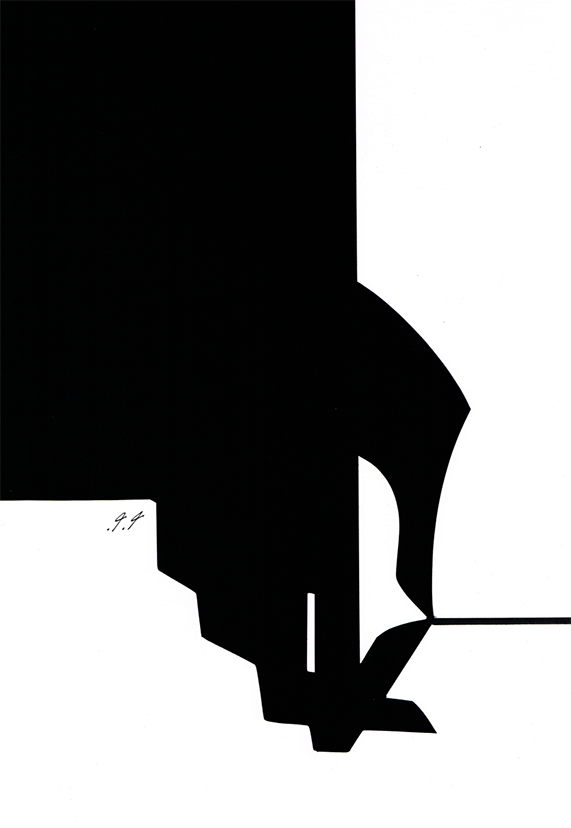 Abstract black and white shapes overlapping, creating a visual contrast with sharp edges and a curved detail.