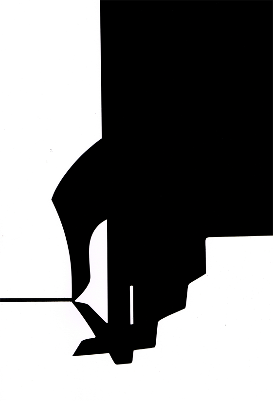 Abstract black and white shape; a tall black form with jagged edges casts a shadow.
