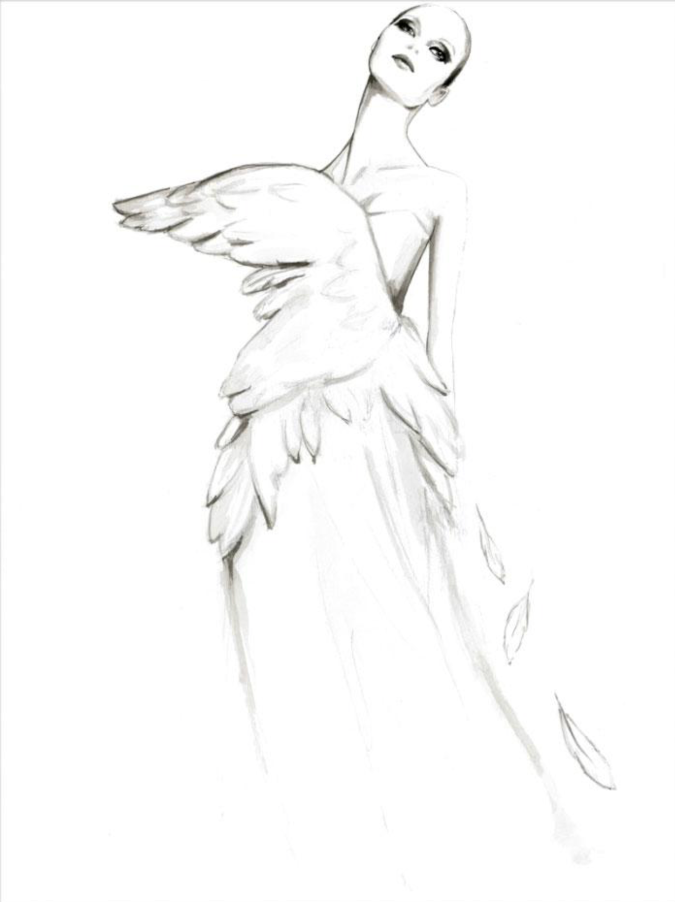 Woman with a large, white feathered wing and dress, looking upward with a serene expression.