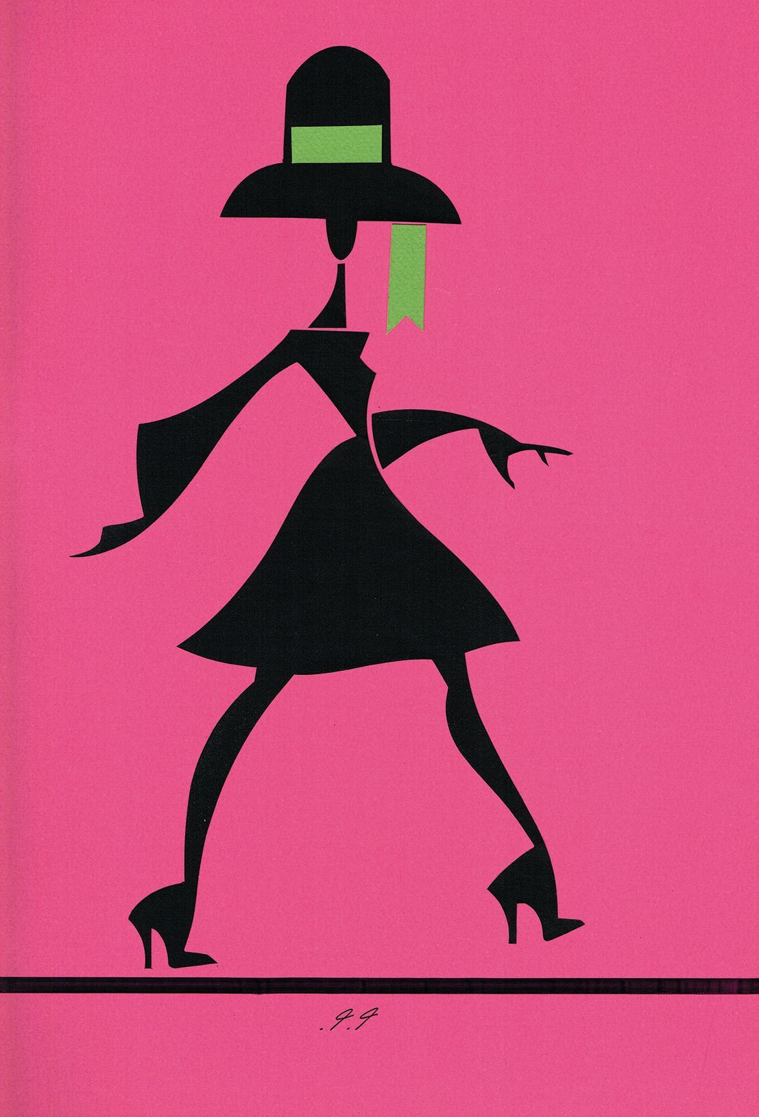 Woman in a black dress, hat, and heels walking on a pink background, with a green ribbon and hat band.