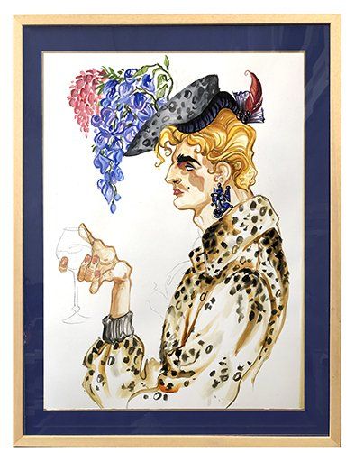 Illustration of a person in a patterned coat, holding a glass. Wearing a floral hat, earrings, and blue frame.
