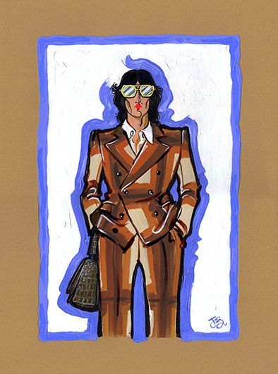 Illustration of a person in a brown suit with sunglasses, holding a bag against a blue-bordered white background.