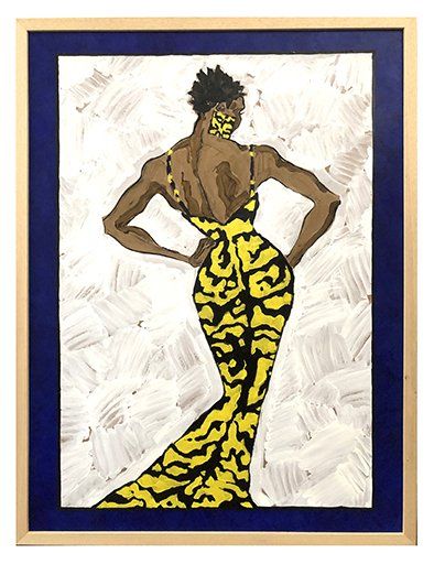 Woman in a yellow patterned dress, back view, hands on hips, framed painting.